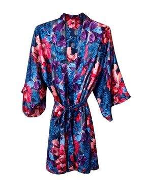 Vintage Moda Floral Satin Kimono Robe and Slip Dress Set